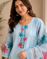 Graceful Sky Blue Floral Printed Linen Kurta Set with Dupatta for Women