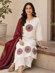 Handloom Cotton A-Line Kurta Set with Ajrakh Patching & Kota Doriya Dupatta