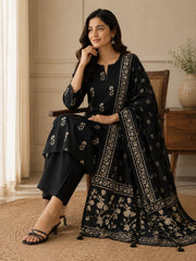 Black Cotton Printed Kurta Set with Floral Dupatta