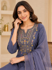 Lavender Embroidered Kurta Set with Organza Dupatta
