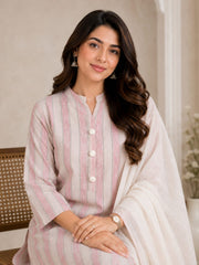 Elegant Pink Striped Cotton Kurta Set with White Dip-Dyed Dupatta