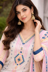 Elegant Off-White Cotton Kurta Set with Pastel Prints & Striped Dupatta