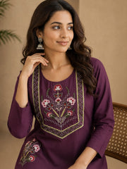 Beautiful Wine Dabu Cotton Embroidered Kurta Pant Set with Floral Pocket Detailing