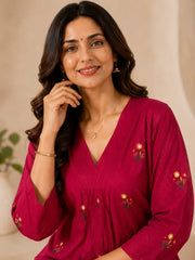 Rani Pink Cotton Embroidered A-Line Kurta Set with Dupatta