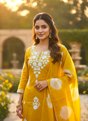 Mustard Yellow Embroidered Rayon Kurta Set with Dupatta