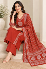 Pure Cotton Rust Printed Kurta Pant Set with Dupatta