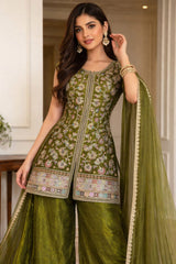 Royal Olive Green Hand Embroidered Sharara Set
