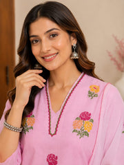 Baby Pink Cotton Floral Embroidered Kurta Set with Dupatta