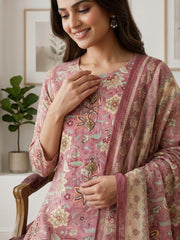 Elegant Pink Printed Cotton Kurta Set with Dupatta