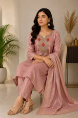 Elegant Mauve Shimmer Embroidered Kurta Set with Dupatta