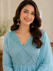 Beautiful Sky Blue Mul Chanderi A-Line Kurta Set with Dupatta