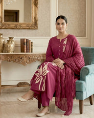 Elegant Magenta Cotton A-Line Kurta Set with Aari Embroidery & Dupatta