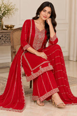 Elegant Red Embroidered Kurta Sharara Set with Dupatta in premium Chinon Fabric