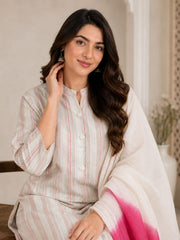 Elegant Off-White Striped Cotton Kurta Set with Pink Dip-Dyed Dupatta