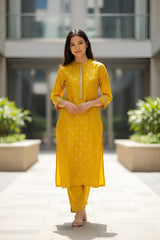 Mustard Yellow Embroidered Suit Set with Dupatta