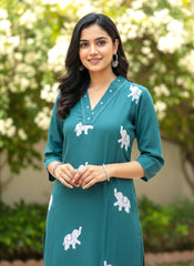 Teal Green Elephant embroidery Kurta Palazzo Set