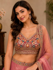 Dusty Rose Fendi Embroidered Lehenga Set with Dupatta (Sleeves Included)