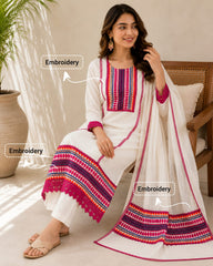 Elegant White Pure Self Dobby Cotton Embroidered Kurta Set with Dupatta