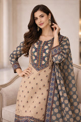 Elegant Beige Cotton Kurta Set with Handworked Yoke & Printed Dupatta