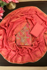 Beautiful Pink Chanderi Embroidered Unstitched Suit