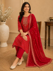 Elegant Red Bandhani Print Rayon Kurta Set with Embroidered Neckline & Dupatta