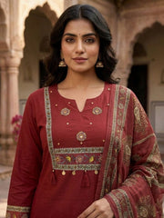 Maroon Cotton Kurta Set with Printed Dupatta
