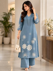 Graceful Dusty Blue Linen Kurta Set with Embroidery & Appliqué Work and Digital Print Dupatta