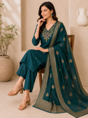 Teal Green Dola Silk Kurta Set with Embroidered Neckline & Woven Dupatta