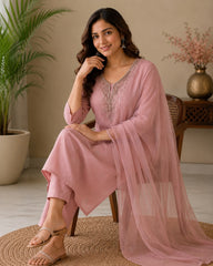 Dusty Rose Mul Chanderi Embroidered Kurta Set with Dupatta