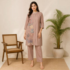 Elegant Beige Mul Chanderi Embroidered Co-ord Set