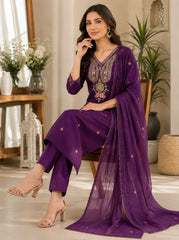 Royal Purple Dola Silk Embroidered Kurta Set with Dupatta