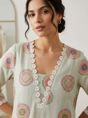 Elegant Mint Green Cotton Kurta Set with Floral Dupatta