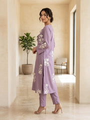 Lavender Linen Kurta Set with Applique work