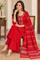 Vibrant Red Roman Silk Embroidered Kurta Pant Set with Dupatta