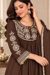 Graceful Chocolate Brown Mul Chanderi Embroidered Anarkali Suit Set