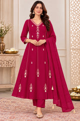 Beautiful Wine Pink Embroidered Mul Chanderi Anarkali Suit Set