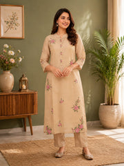 Elegant Beige Mul Chanderi Embroidered Kurta Set with Dupatta