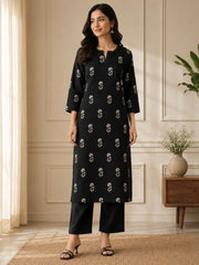 Black Cotton Printed Kurta Set with Floral Dupatta