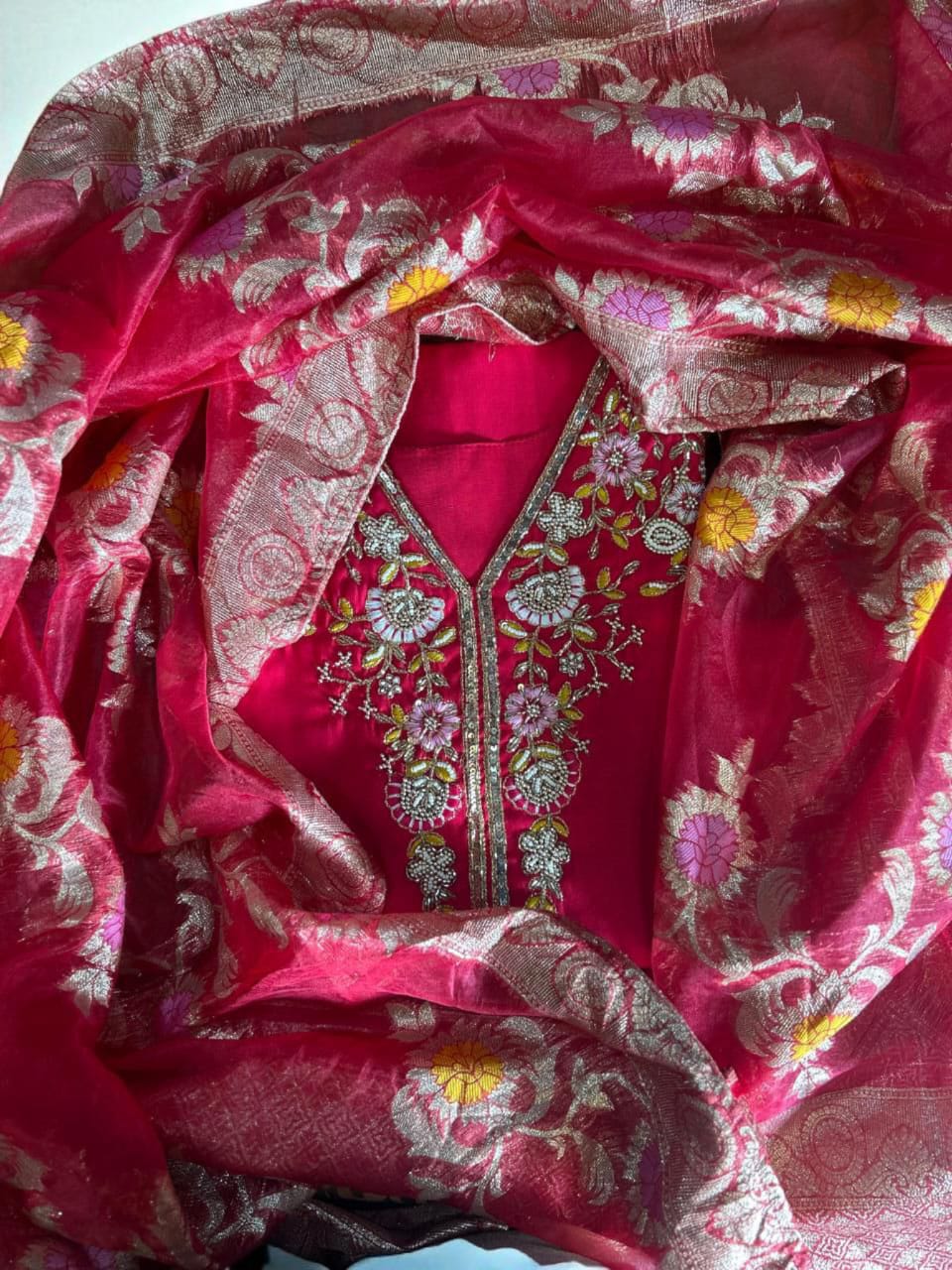 Rani Pink Embroidered Suit Set with Red Banarasi Dupatta
