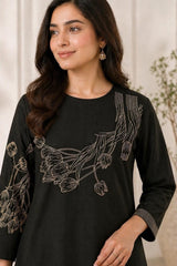 Black Handloom Cotton Embroidered Cotton A-Line Kurta Set