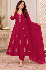 Beautiful Wine Pink Embroidered Mul Chanderi Anarkali Suit Set