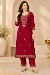 Elegant Deep Maroon Cut Dana Embroidered Chinon Kurta Set