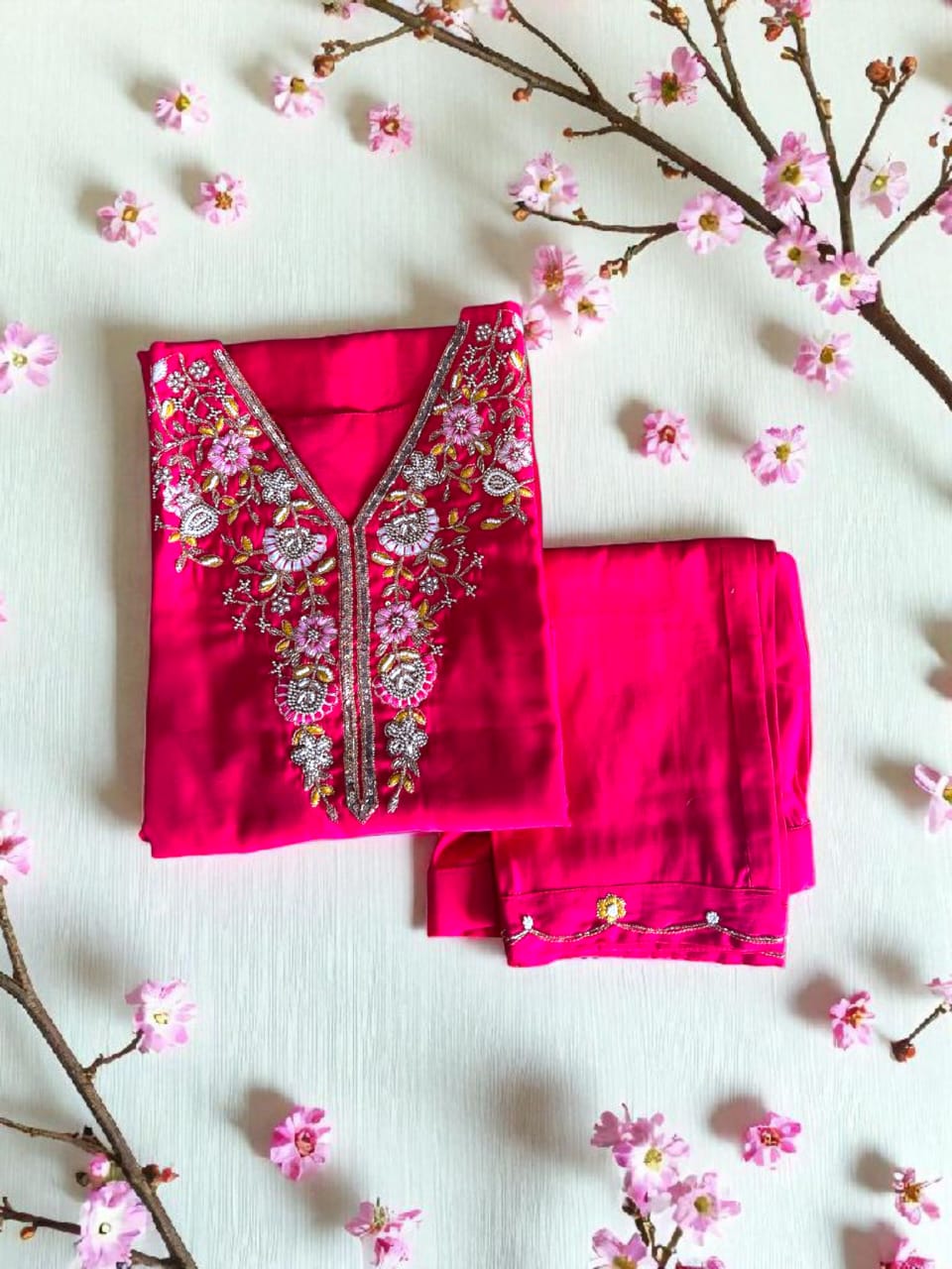 Rani Pink Embroidered Suit Set with Red Banarasi Dupatta