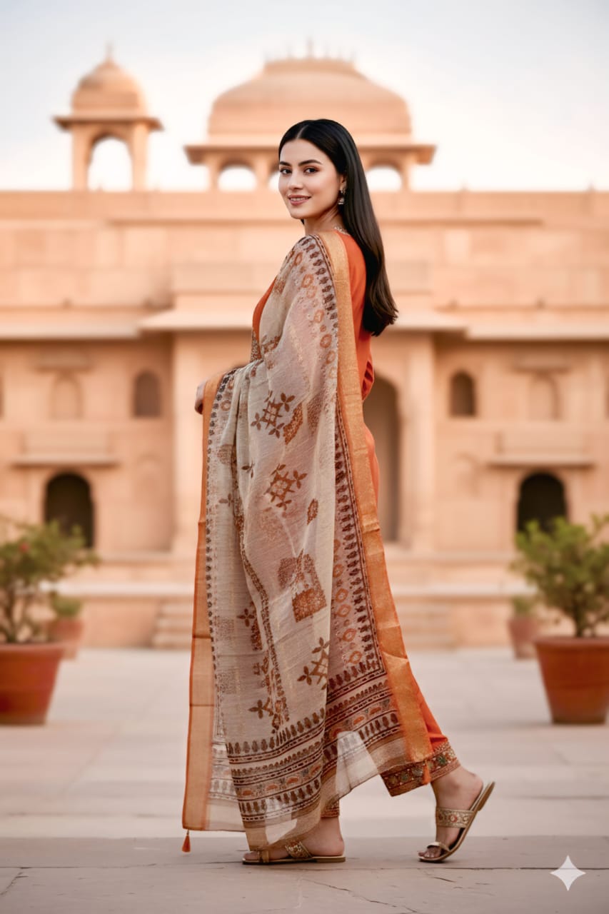 Rust Orange and Green Embroidered Suit Set with Printed Dupatta