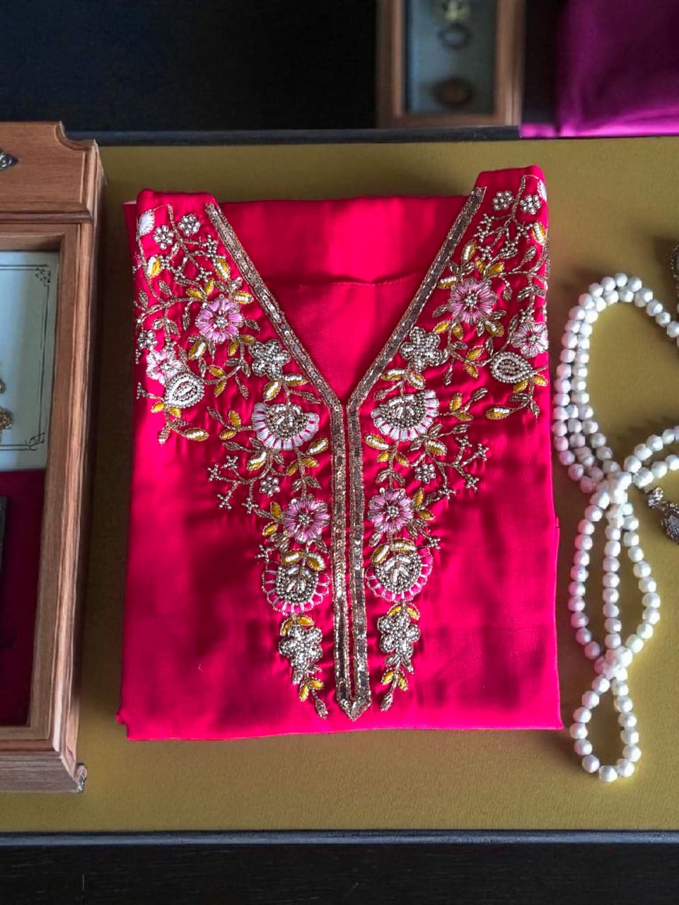 Rani Pink Embroidered Suit Set with Red Banarasi Dupatta