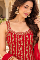 Royal Red Chinon Embroidered Kurta Sharara Set