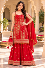 Royal Red Chinon Embroidered Kurta Sharara Set