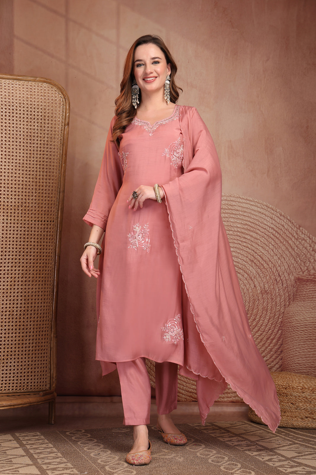 Elegant Blush Pink Mul Chanderi Hand-Work Kurta Set