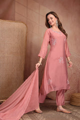 Elegant Blush Pink Mul Chanderi Hand-Work Kurta Set