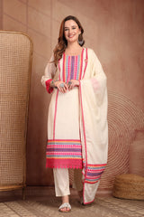 Elegant Off White Pure Self Dobby Cotton Embroidered Kurta Set with Dupatta